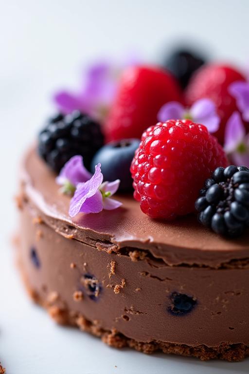 Nahaufnahme eines kunstvollen Desserts mit Schokolade, Beeren und essbaren Blüten